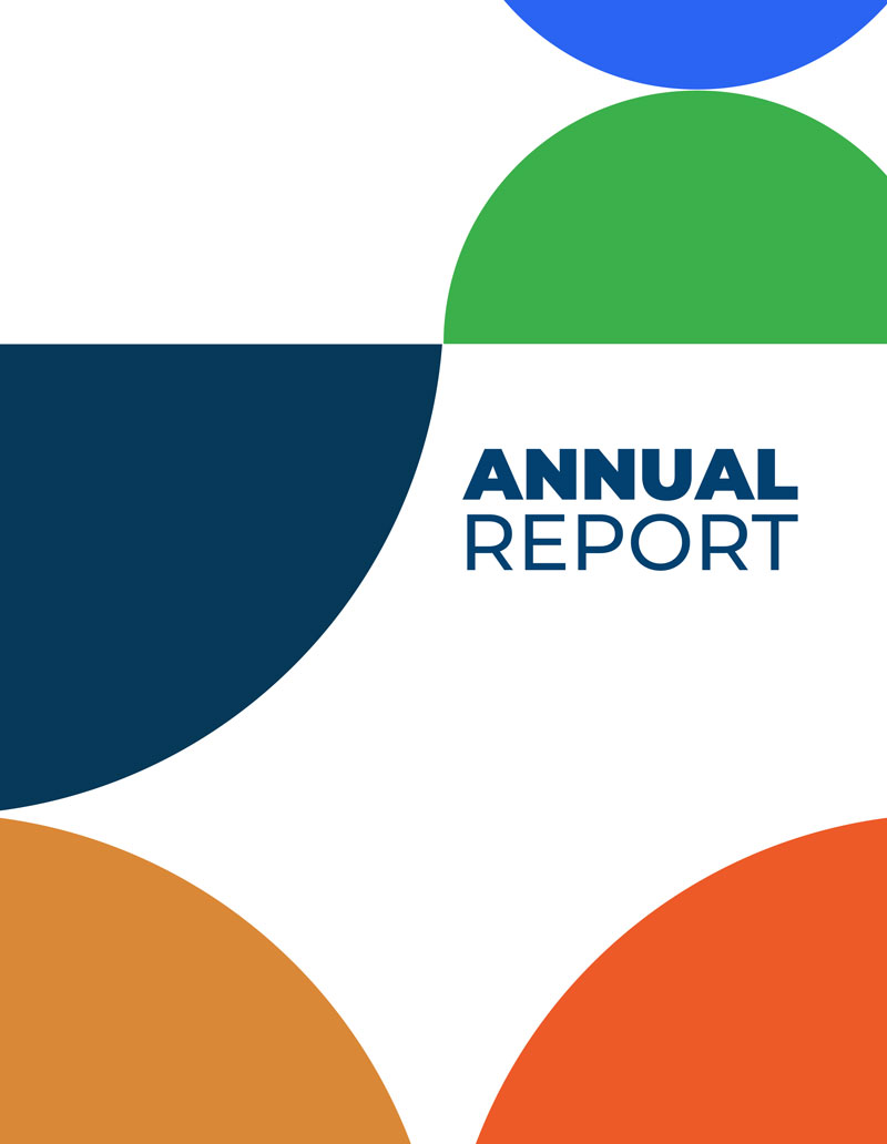 a blue, green, gold and orange circle with words "Annual Report"